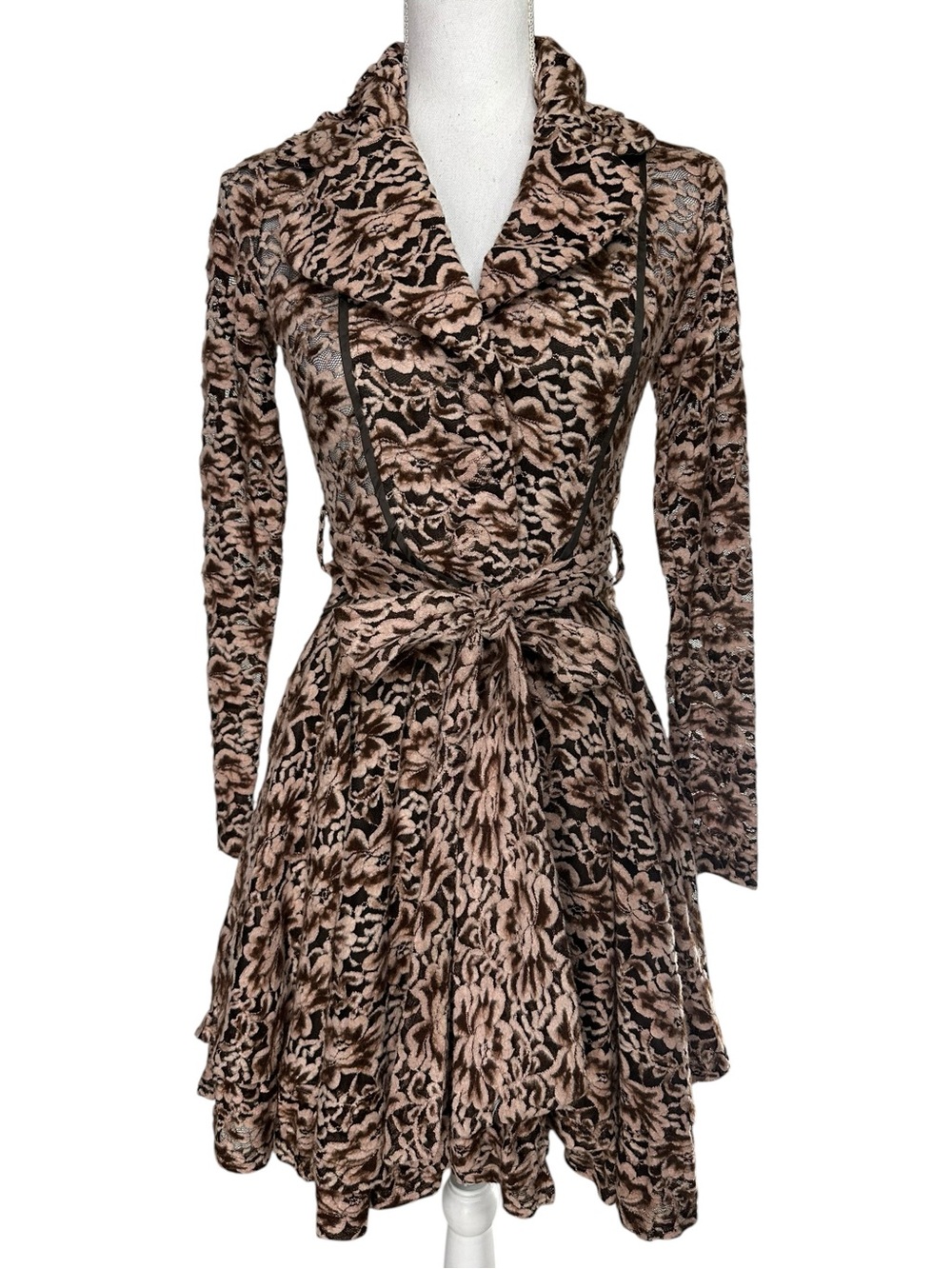 ALTAR’D STATE / Pink & Brown Lace Burnout Floral Dress / Size XS / Retro Boho